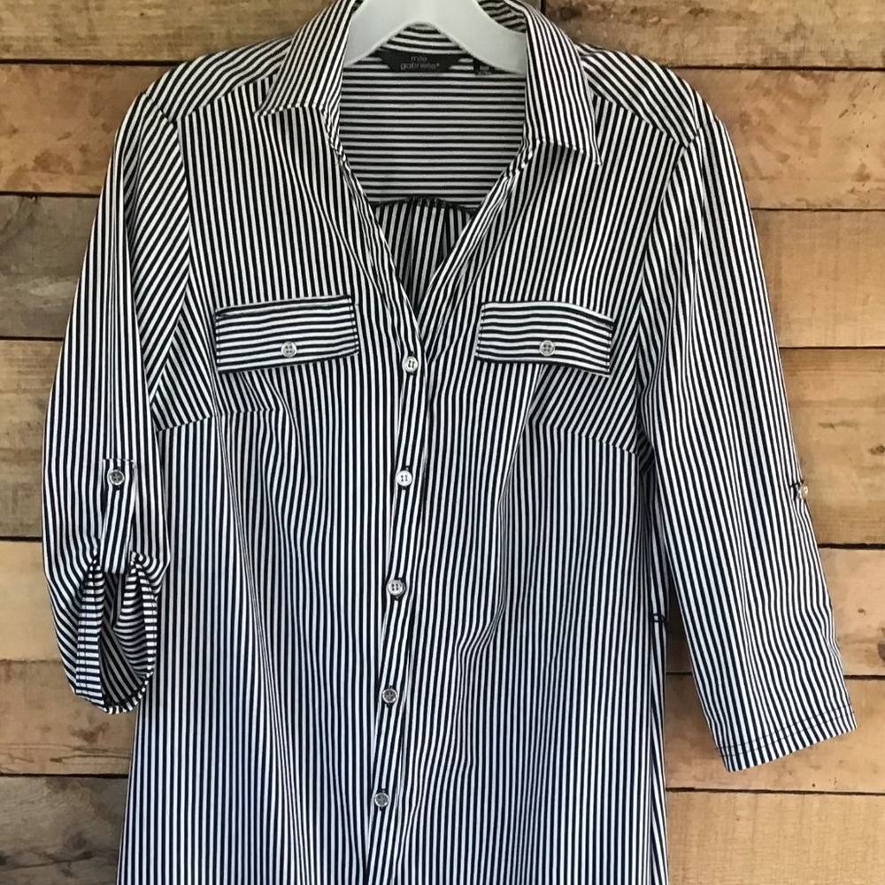 Mlle Gabrielle PS Shirtdress Black White Striped Roll Tab Sleeve No Tie‎ Belt